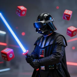 darth vader wearing an oculus quest 2 ( ( ( ( ( ( ( vr headset ) ) ) ) ) ) ) and holding light sabers, red and blue floating ( ( ( ( beat saber cubes ) ) ) ) in the air, motion blur, light trails, smoky atmosphere, bokeh