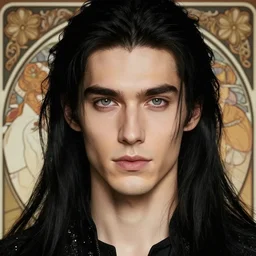 portrait of tall, 3 3 - year - old handsome man with long dirty black hair, and grey eyes, wearing black clothes, smooth clear face, no beard, hyper realistic face, aristocratic appearance, hyper realistic face, beautiful eyes, close up, fantasy art, in the style of greg rutkowski, intricate, alphonse mucha, hyper detailed, smooth