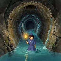 scene from studio ghibli's sewer adventures where the wizard stands in a waist - deep river holding a torch in a long twisting sewer tunnel. underground, crumbling masonry, sewage falling from grates. concept art from darkest dungeon