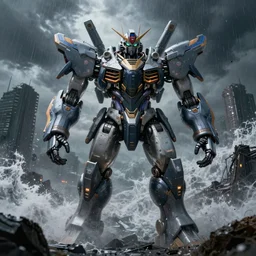 A hi-tech bulky big mech facing a tsunami, dark city ruins, fog, dark clouds, rain, realistic 4k octane beautifully detailed render, 4k post-processing, highly detailed, intricate complexity, epic composition, magical atmosphere, cinematic lighting, masterpiece, ultra hd