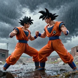 ''chapulin colorado defeats goku in a epic battle, storm in the background, rain, cinematic shot, photorealistic, digital art, concept art, artstation, cinematographic, 4 k''