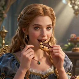 highly detailed closeup portrait of a fairytale medieval princess eating chocolate cookies, unreal engine, nicoletta ceccoli, mark ryden, lostfish, earl norem, global illumination, god rays, detailed and intricate environment