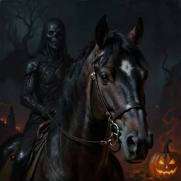 neoclassicist close - up portrait of a horse rider. dark black halloween scene, glowing atmosphere. highly detailed science fiction horror painting by norman rockwell, frank frazetta, and syd mead. rich colors, high contrast, gloomy atmosphere. trending on artstation and behance.