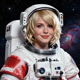 highly detailed portrait of a hopeful pretty astronaut lady with a wavy blonde hair, by Dave Gibbons, 4k resolution, nier:automata inspired, bravely default inspired, vibrant but dreary but upflifting red, black and white color scheme!!! ((Space nebula background))