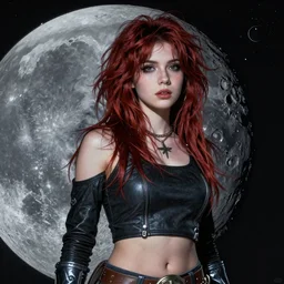 A hyper real comic book style portait painting of young Kate Bush on the moon, unreal 5, hyperrealistic, octane render, cosplay, RPG portrait, dynamic lighting