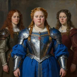 portrait of medieval swedish woman wearing cerulean power armor with steel overbust corset. intricate painting by ross tran, magali villeneuve, and jeremy mann. obese.