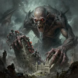 giant lovecraftian monster devouring a building, high fantasy, lovecraftian horror, depth of view, highly detailed, digital painting, artgerm and greg rutkowski and alphonse mucha