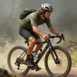 a man with curly hair and round glasses wearing an aero helmet while riding a gravel bike with two water bottles, fantasy, digital painting, volumetric light, intricate, sharp, focus, bloom, illustration, highly detailed, concept art, matte, ruan jia, randy vargas, greg rutkowski