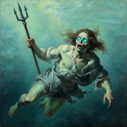 painting by caravaggio of a drowned zombie, floating underwater, holding a trident with glowing cyan eyes, wearing ragged clothing, holding a trident, underwater, pastel green and blue color palette