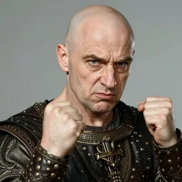 portrait of glamorous bald medieval man with big nose and annoyed gesture, threatening pose, 1940s propaganda poster, full hd,highly detailed