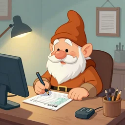 Cartoon illustration of a fantasy gnome doing his taxes at a desk