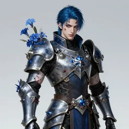 portrait of beautiful gothic young man, warhammer, japanic style, cyberpunk armor, a lot of scars, more and more flowers, blue head, the middle ages, highly detailed, artstation, illustration, art by jean delville, 8 k quality, art by leon gerome, greg gandy