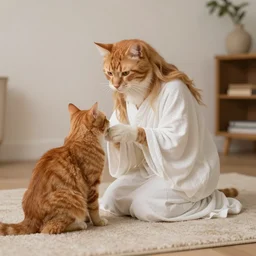 ginger cat being god and god is kneeling before the cat