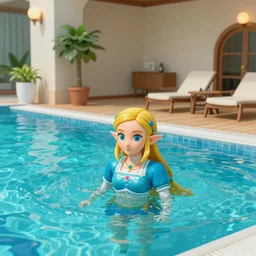 zelda in the future city taking a bath in the swimming pool of a hotel