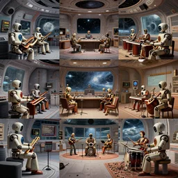 collage wide angle view of highly detailed 70s scifi illustration collage of a space station interior with robots playing musical instruments in a music studio