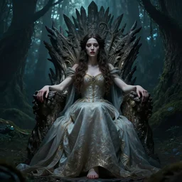 masterpiece concept art of a beautiful brunette woman with pale skin in a regal gown seated on an intricate shadow throne, a beautiful highly detailed elegant lady in a fae forest, extremly emotional, cinematic moody colors, realistic shaded lighting poster by ilya kuvshinov, magali villeneuve, artgerm, jeremy lipkin and michael garmash and rob rey