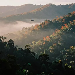 35mm film still magic morning light over mountains, autum, mist in valley, tropical forest, space ship landning, misty,  moody, by Alex grey
