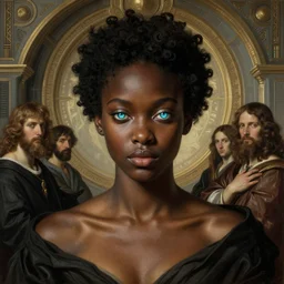 young african cyborg queen, piercing glowing eyes, elegant, striking composition, highly detailed ornate sci fi background, highly detailed, beautiful composition, painting in the style of sandro botticelli, caravaggio, albrecth durer, 8k