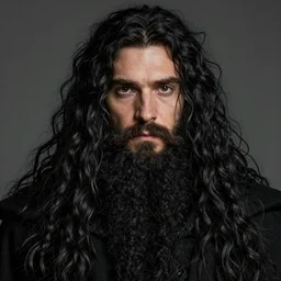 portrait of a 6 0 - year - old giant man with long tangles of bushy black hair and beard hiding most of his face, kind eyes, wearing in black cloak, hyper realistic face, beautiful eyes, fantasy art, in the style of greg rutkowski, intricate, alphonse mucha, hyper detailed, smooth