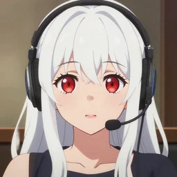 high quality anime film portrait of a cute ( ( red eyed girl!! ) ) with ( ( long white hair!! ) ) wearing a headset in her room interior. art by makoto shinkai, cute face by ilya kuvshinov, pixiv, danbooru, uhd, headshot, detailed facial features, ambient lighting, cel shading