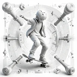 beautiful symmetrical boy on a skateboard surrounded by machine axonometric fantasy intricate elegant highly detailed in volumetric turquoise steampunk, high contrast cinematic light, mystical shadows, octane render, photographic, unreal engine 8 k