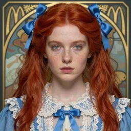 close up portrait of wendy thomas, pale young woman with dark freckles and bright red pigtails and blue bows, blue dress with lace ruffles by artgerm, cushart krenz, greg rutkowski, mucha. art nouveau. gloomhaven, golden arches logo, pale colors, sharp edges. ultra clear detailed. 8 k. elegant, intricate, octane render