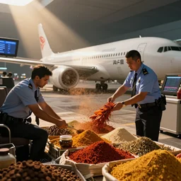 airport custom officers seizing spices!!!!!! from a passenger, satire, dramatic, hyperdetailed, cinematic lighting