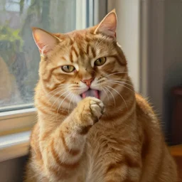 portrait of fat butterscotch tabby cat licking paw in front of window, painting by Norman Rockwell