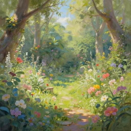 a fantasy painting of a blooming garden