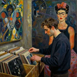 Moodymann browsing a crate of records, oil on canvas, by Egon Schiele, Otto Dix, Frida Kahlo