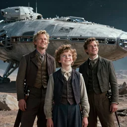 extra sharp sharp, detailed, from blockbuster sci fi 8 k color movie freeze frame, set in 1 8 6 0, family standing in front of a crashed spaceship, on alien planet, looking happy, wearing 1 8 5 0 s era clothes, atmospheric lighting, in focus, reflective eyes, 3 5 mm macro lens, live action, nice composition, good photography, clear facial details
