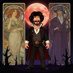 an ultra detailed vector image of bob ross dressed as ezio auditore, concept art by alphonse mucha and greg rutkowski, praise the blood moon, octane render, cosmic horror, scary little trees