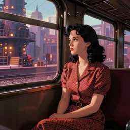 portrait of a beautiful girl with dark hair dressed in 1940's fashion sitting in the interior of a train, looking through the window beside her, dieselpunk city outside of window, rich vivid colors, ambient lighting, dynamic lighting, 4k, HQ, official media, anime key visual, makoto shinkai, ilya kuvshinov, lois van baarle, rossdraws, detailed, trending on artstation