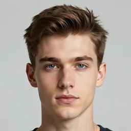 a portrait of a young Caucasian man with short brown hair that sticks up in the front, blue eyes, groomed eyebrows, tapered hairline, sharp jawline, wearing a volleyball jersey, sigma 85mm f/1.4, 15mm, 35mm, 4k, high resolution, 4k, 8k, hd, highly detailed, full color, Kodak Kodachrome Film