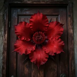 the wooden door blossomed, opening like a rare red flower, all spines and petals gaping wide, as if to entice, horror, creepy, horrifying