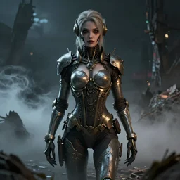 By Tom Bagshaw, Abstract tech, a very beautiful steampunk female in bodysuit, ruins by night, symmetric body features proportions, horror, volumetric clouds and fog, focus, detailed, realistic eyes looking at camera, symmetric body features proportions, golden ratio, intricate details, award winning, unreal render, by Tom Bagshaw