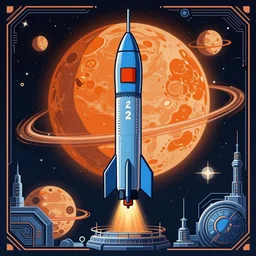 blue v2 rocket in space in tin tin style, orange as a planet, intricate sci-fi poster
