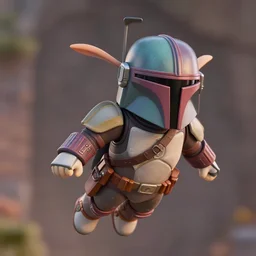 mandalorian as nendoroid flying in the croods movie style, anime, disney, pixar, 8 k, hd, dof, kodak film, volumetric lighting, subsurface scattering, photorealistic, octane render, details
