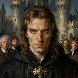 a highly detailed portrait of a male sorcerer with piercing eyes in very detailed castle setting, art by frank frazetta, artgerm, michael whelan, chris riddell, greg rutkowski