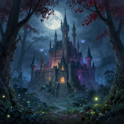 stormy night, created by jan urschel and sylvain sarrailh, in the misty moonlight and mysterious fantasy forest, a huge fairy magic school castle, castle, many fireflies, shimmering effect, magnificent color matching, realistic matte painting, cherry, western magic forest, ghibli style, trending on artstation
