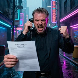 an Alex Jones angry at his lawyer for giving phone records . Rainy Grungy neon cyberpunk alleyways in the background Badass pose , Photo realistic , Gregory Crewdson , Award winning. Masterpiece, exquisite detail, post processing