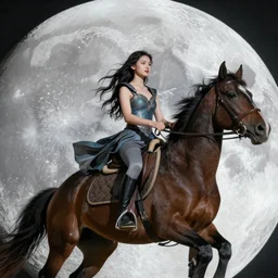 A fantasy style real photo of Annita riding a horse on the moon, dynamic lighting