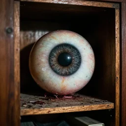 grainy photo of a giant eyeball as a creepy monster in a closet, harsh flash