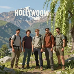 of team in Armenia hiking at a weekend and posing with mountains on the background, the word Willow is in view like one in Hollywood, elegant, highly detailed, digital painting, volumetric light, artstation, concept art, smooth, sharp focus, illustration