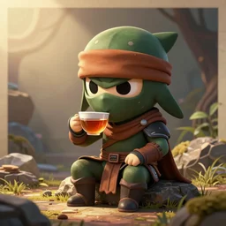 detailed stylized chibi art of pythor from ninjago drinking a cup of tea