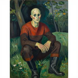 Freddy Krueger,sitting alone in nature, painted by Amedeo Modigliani