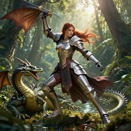 Epic picture of a female paladin  fighting a hydra near a jungle pond,cover by Artgerm, hyper realistic, photo realistic, dynamic lighting, HDR, 4k, high detail, volumetric lighting, lens flare