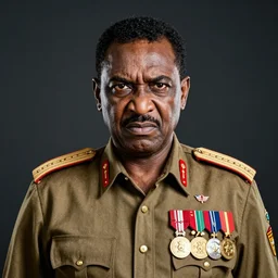 portrait of idi amin dada in uniform and medals, angry look, dark background, studio light, hdr, nikon 2 4 mm f / 1. 8 g, by sebastiao salgado