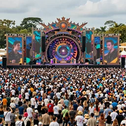 large crowds stand for a huge stage, tomorrowland, hyper realistic digital drawing