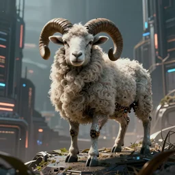 ram sheep robot in a cyberpunk city, intricate, sinister, futuristic, ultra realistic, hyper detailed, cinematic, digital art, artstation, trending,